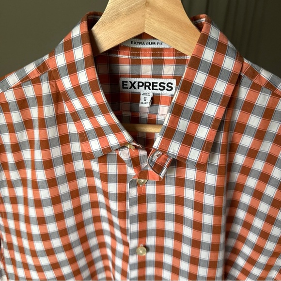 Express Men’s L/S Slim Fit Button Up Orange/white/grey Shirt Size M 15/15.5 - Picture 4 of 8